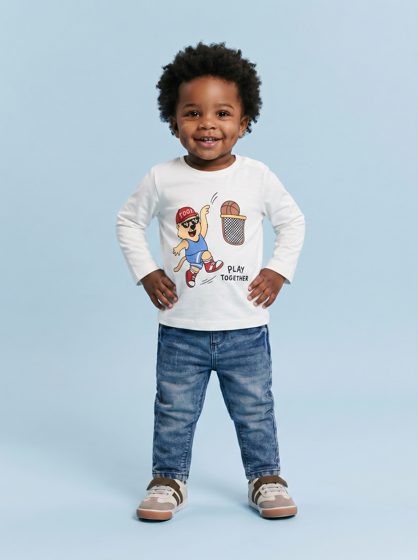 T-shirt girocollo con stampa e manica lunga - Bianco latte