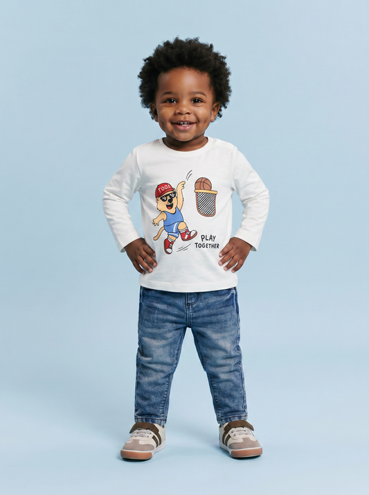 T-shirt girocollo con stampa e manica lunga - Bianco latte
