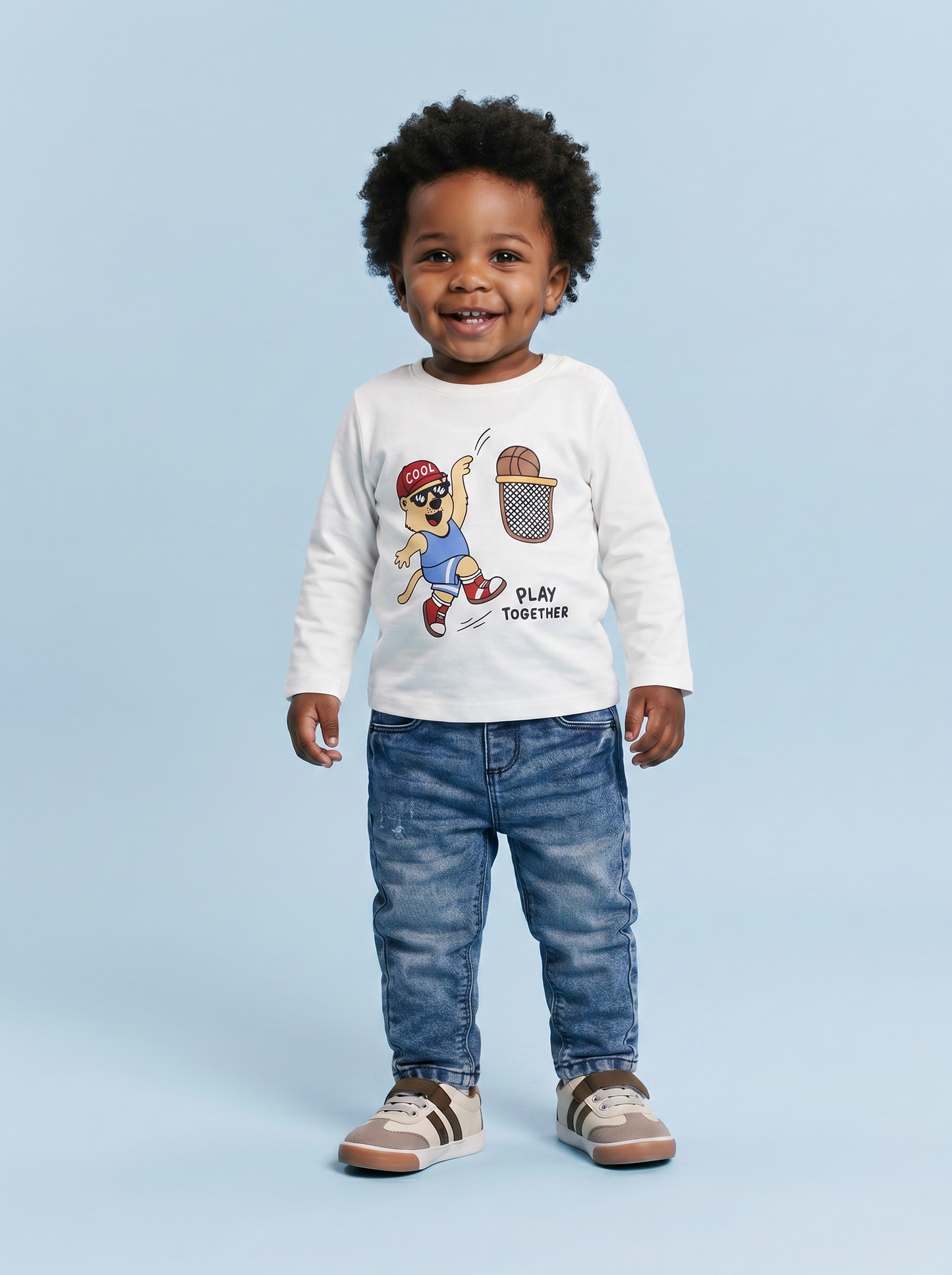 T-shirt girocollo con stampa e manica lunga - Bianco latte