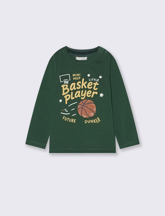 T-shirt girocollo con stampa e manica lunga - Verde abete