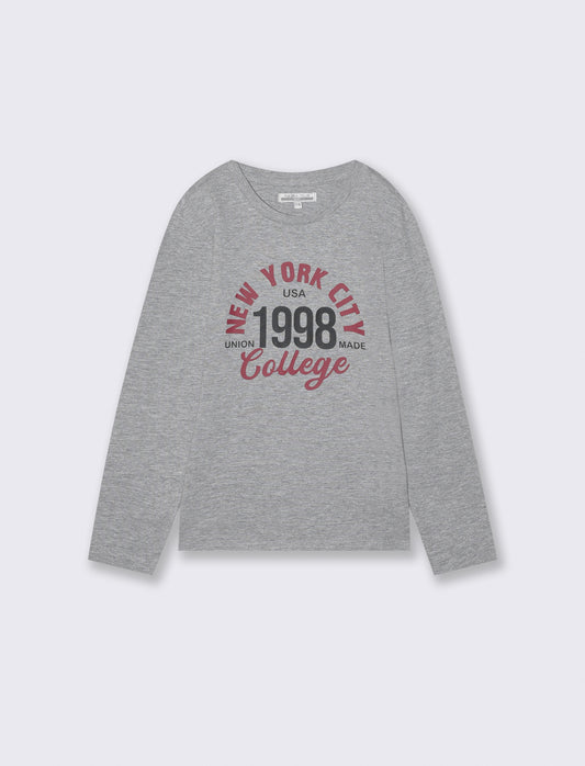 T-shirt manica lunga con stampa frontale - Grigio mel.