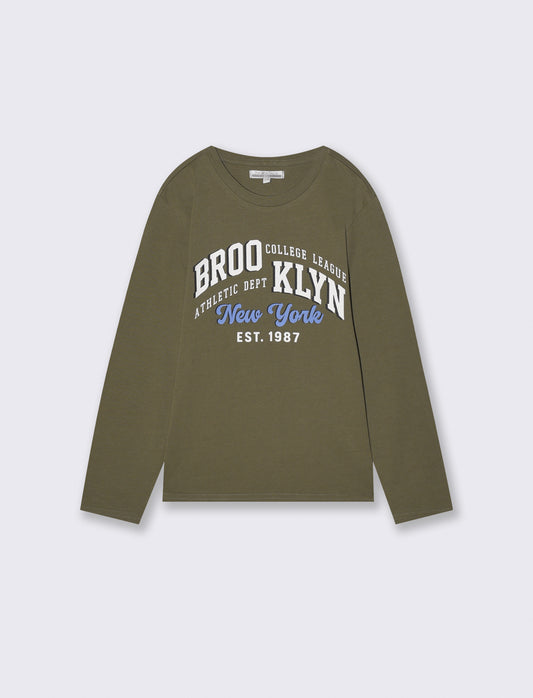 T-shirt manica lunga con stampa frontale - Verde militare
