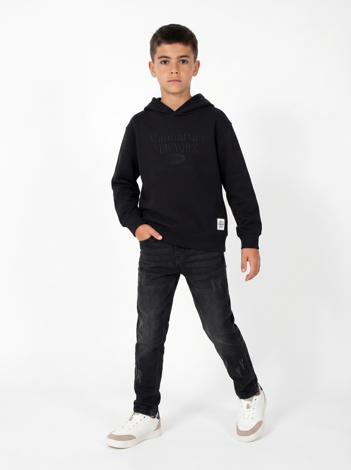 Felpa in cotone con ricamo frontale - Nero