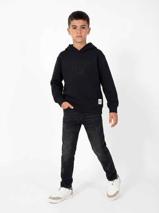 Felpa in cotone con ricamo frontale - Nero