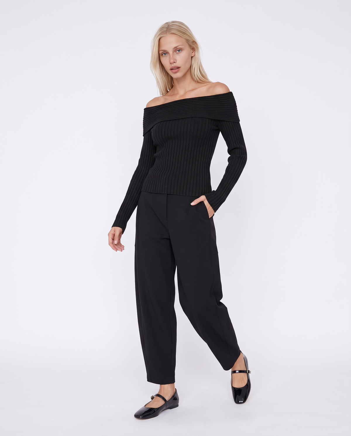 Elastic Waist Pants with Side Pockets - Black