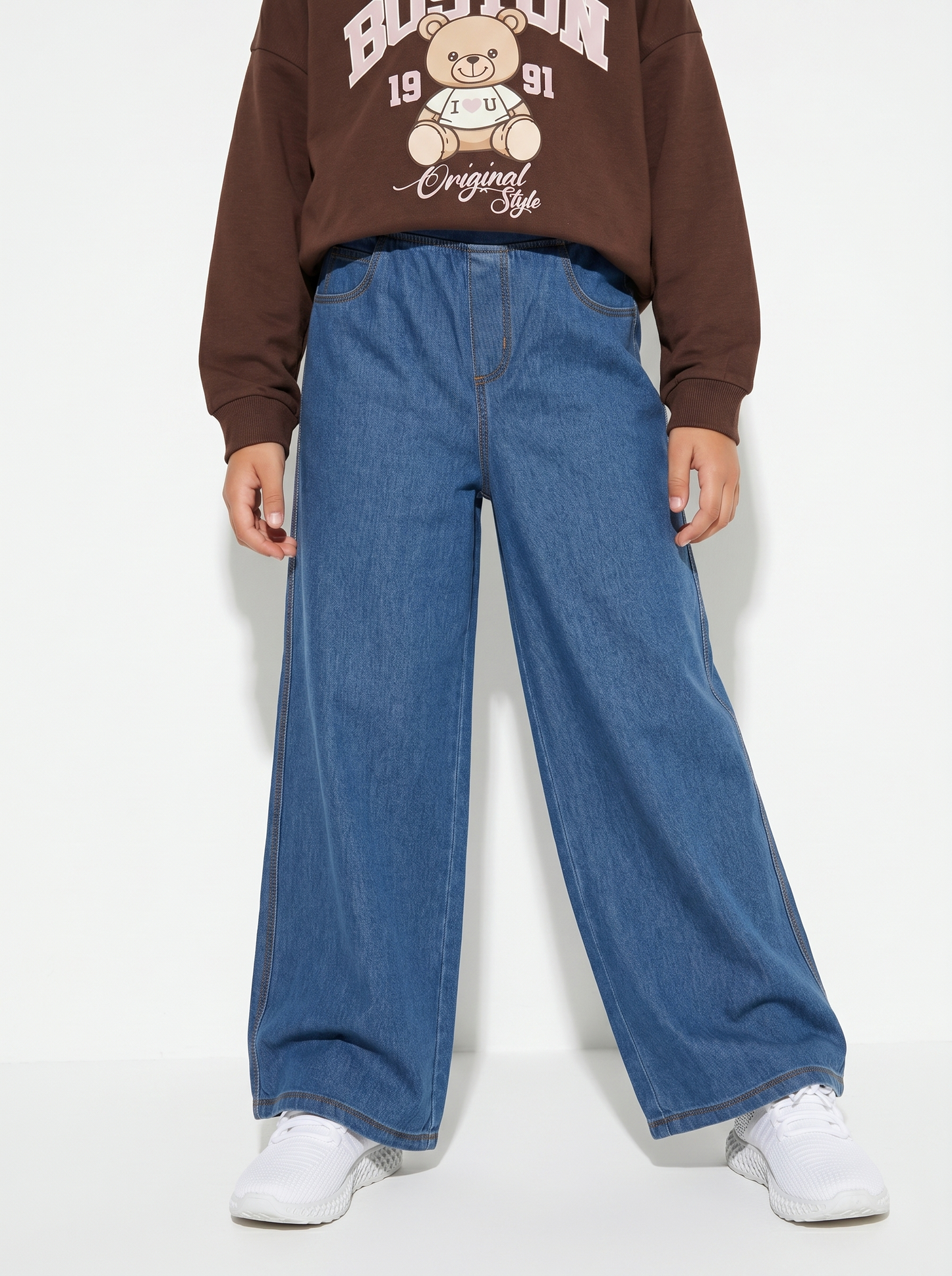 Wide Leg Joggers in Stretch Denim - Blue