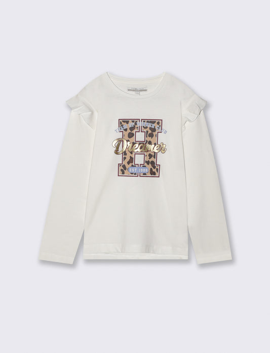 T-shirt lunga con rouches e stampa vivace - Bianco latte