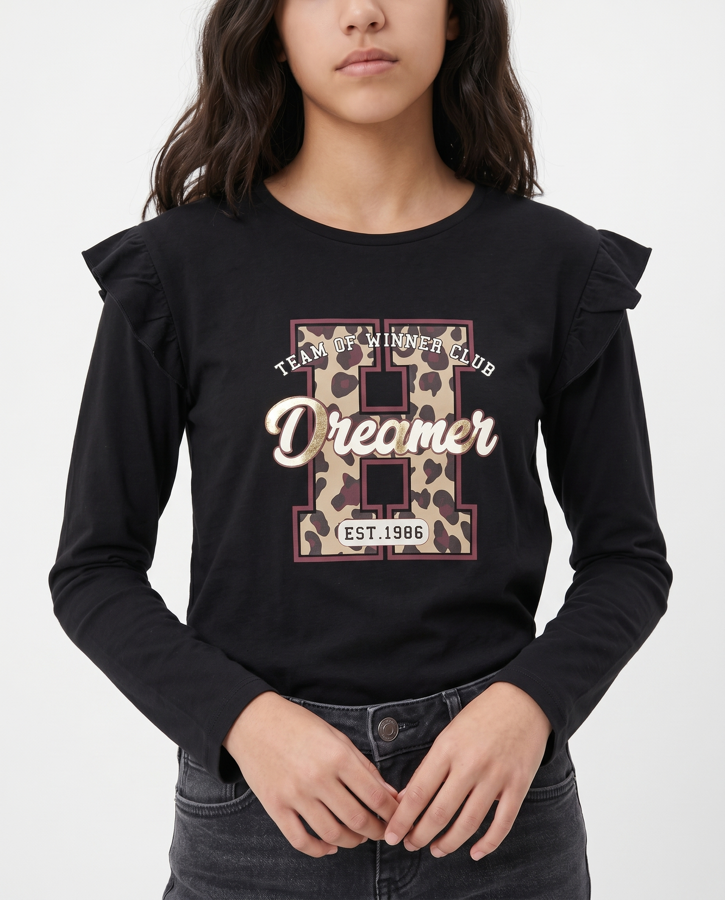T-shirt lunga con rouches e stampa vivace - Nero