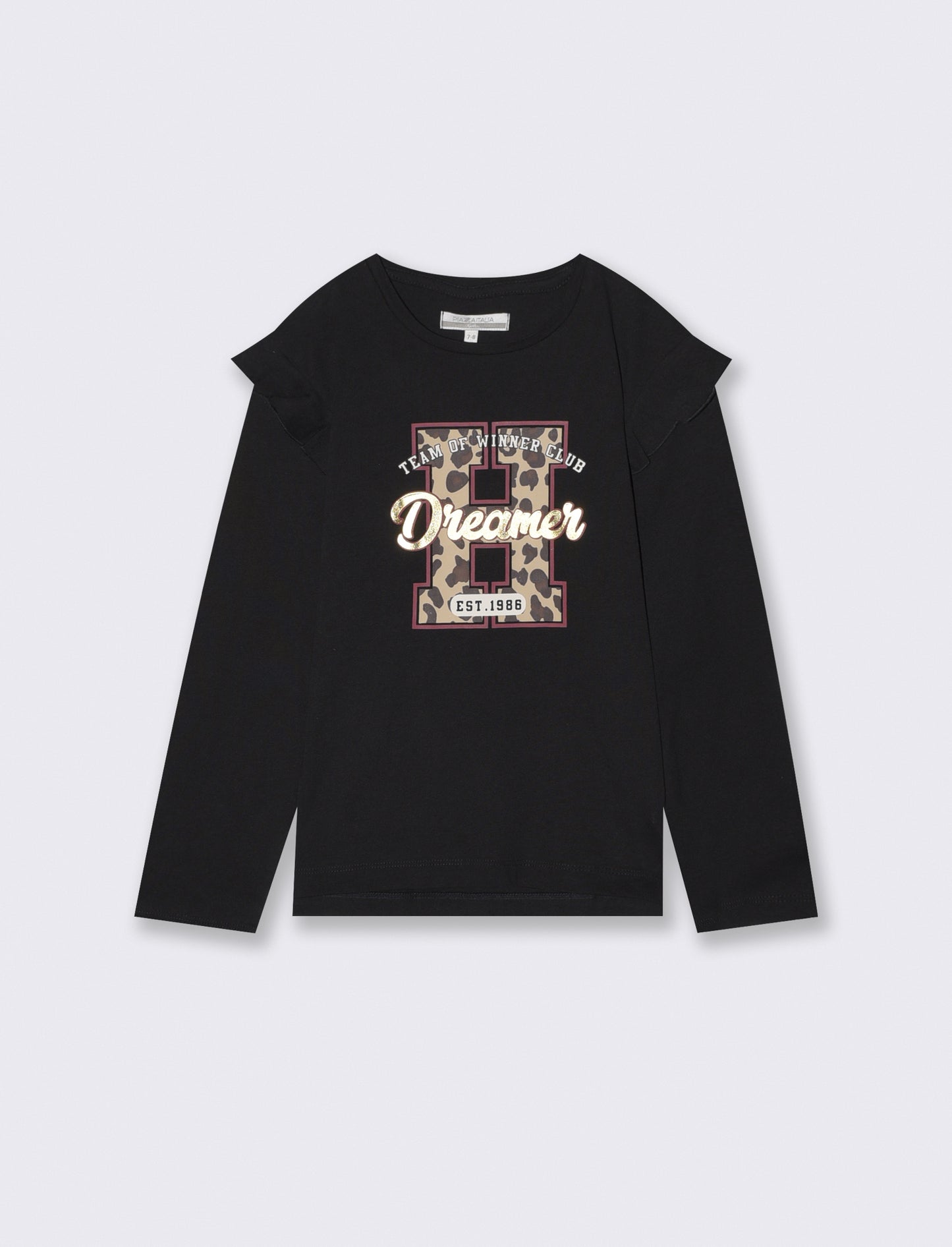 Long T-shirt with Ruffles and Vibrant Print - Black