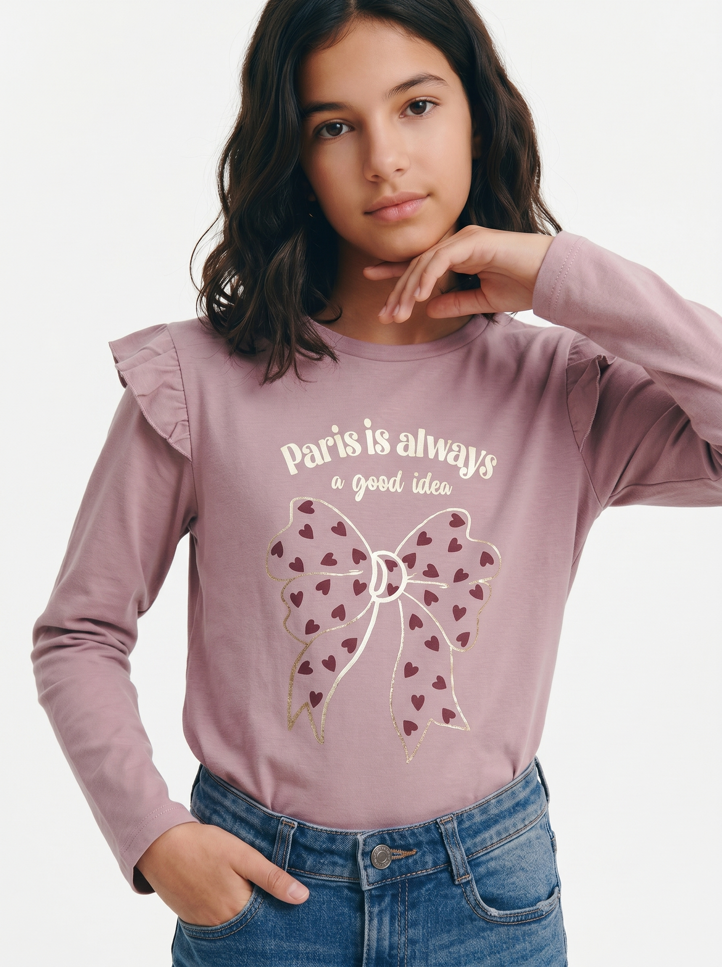 T-shirt lunga con rouches e stampa vivace - Rosa polvere