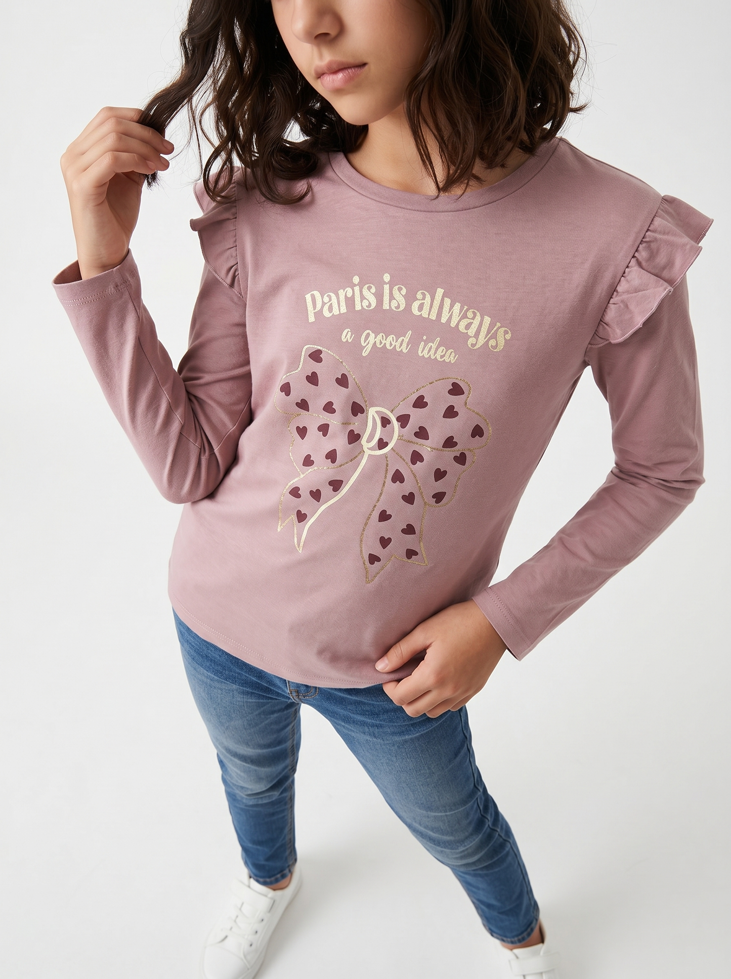 T-shirt lunga con rouches e stampa vivace - Rosa polvere