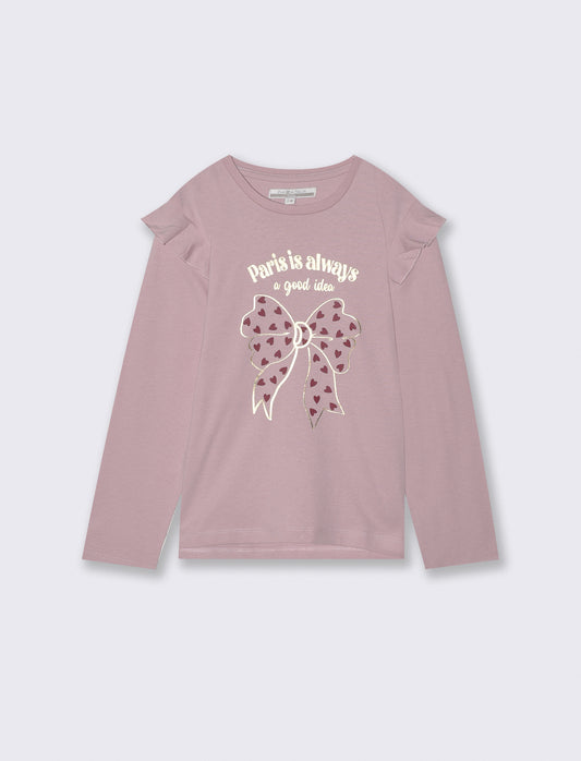 T-shirt lunga con rouches e stampa vivace - Rosa polvere