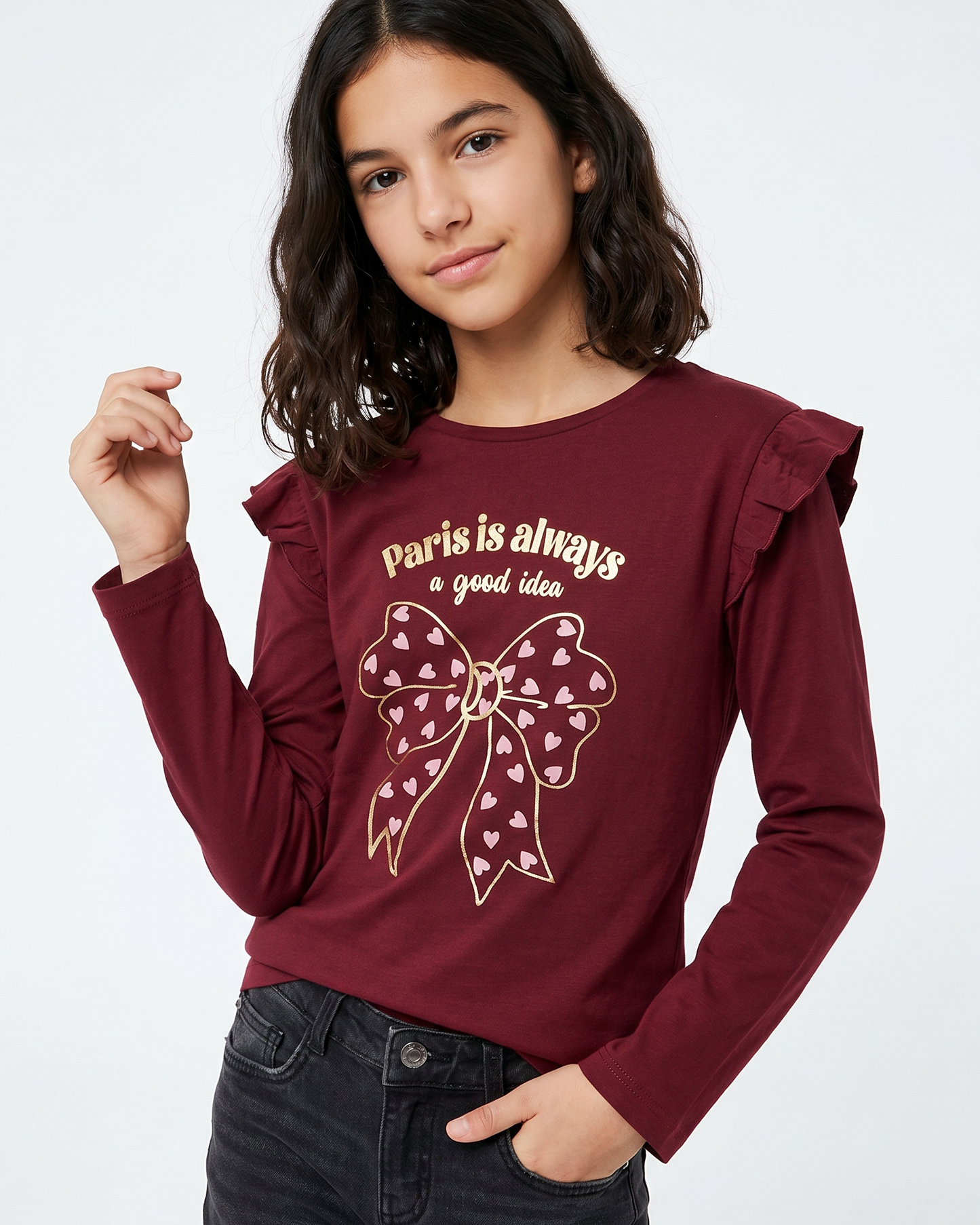 T-shirt lunga con rouches e stampa vivace - Bordeaux