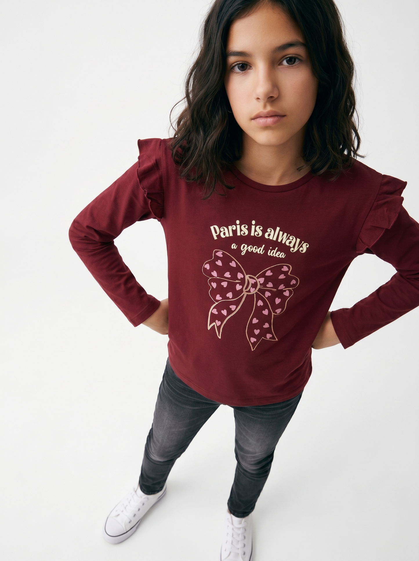 T-shirt lunga con rouches e stampa vivace - Bordeaux
