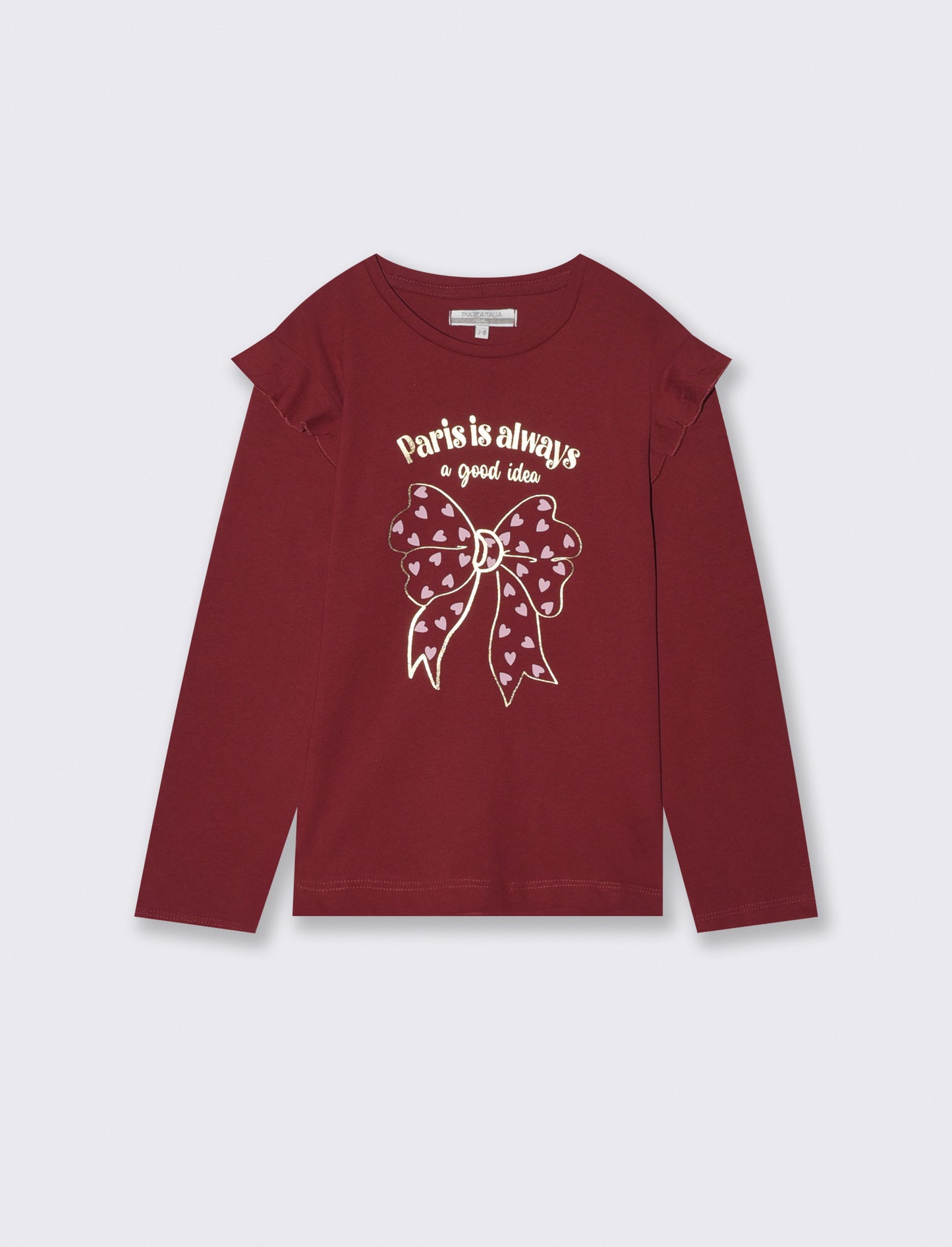 T-shirt lunga con rouches e stampa vivace - Bordeaux