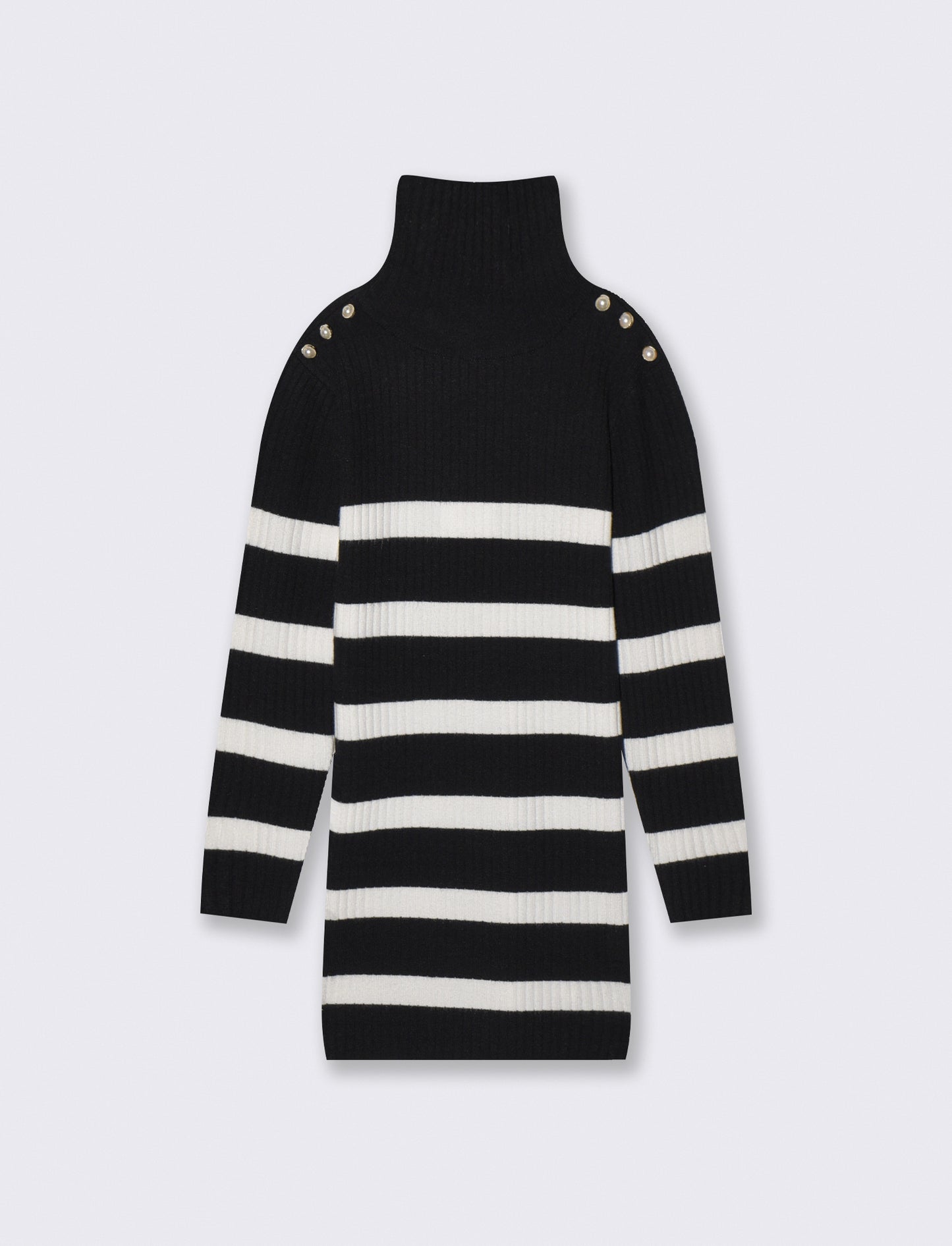 Ribbed dress with high collar and buttons - Black