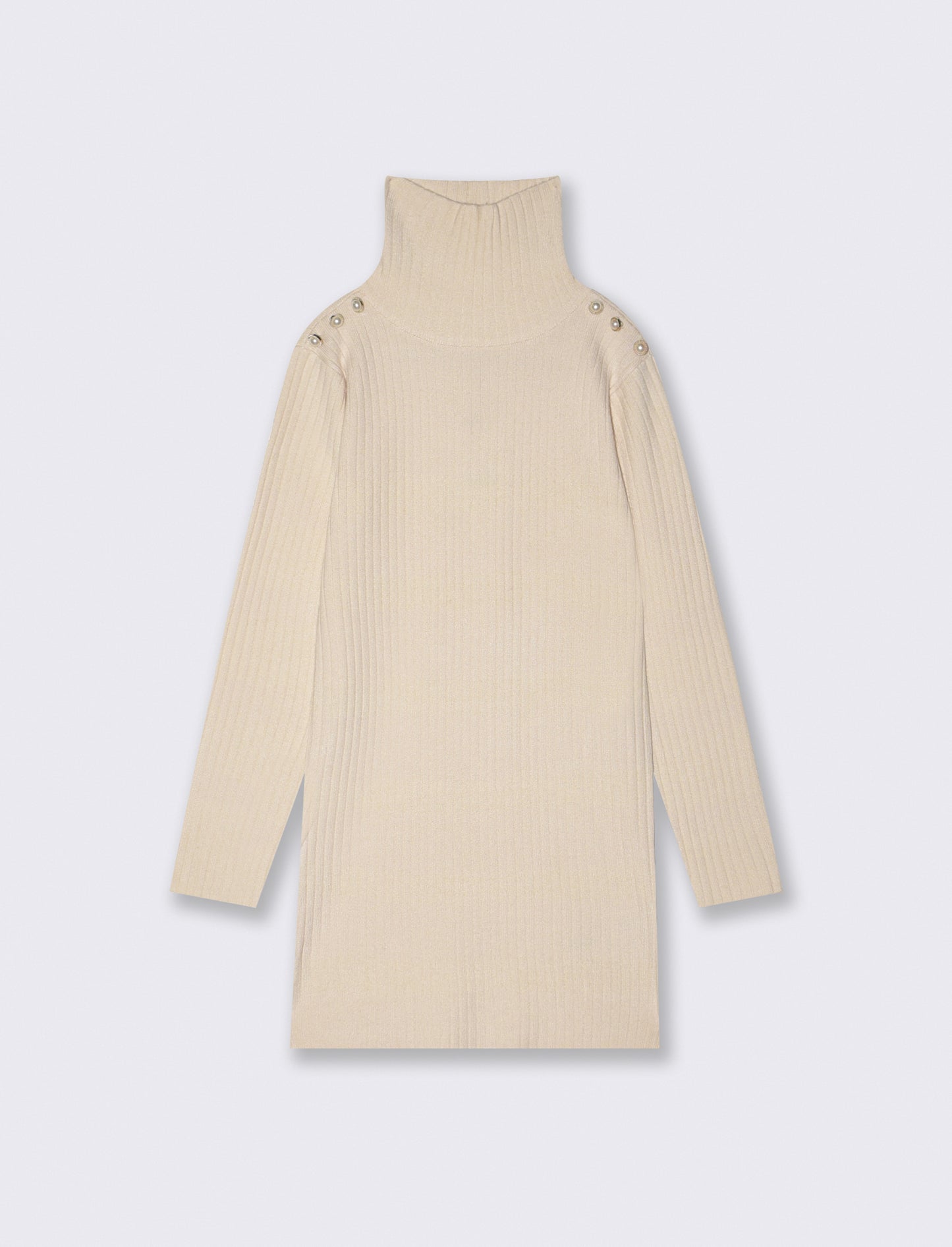 Ribbed dress with high collar and buttons - Beige