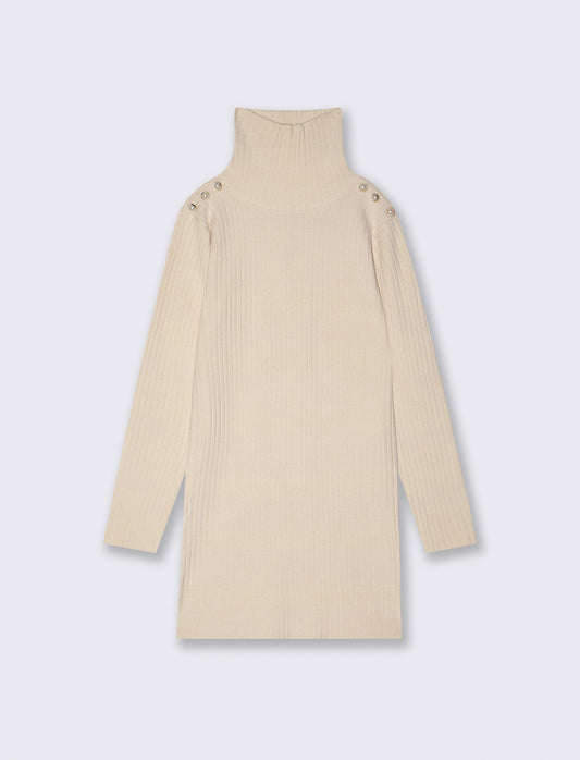 Abito in costina con collo alto e bottoni - Beige