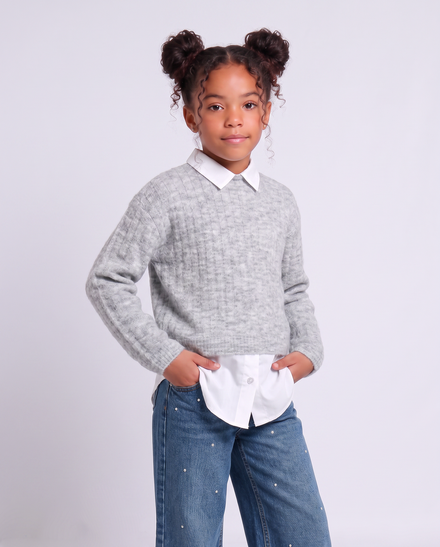 Maglia manica lunga con finta camicia - Grigio mel.