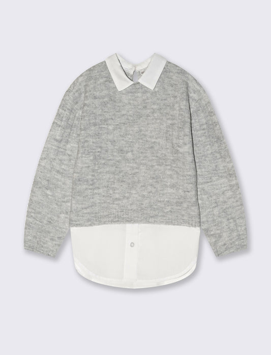 Maglia manica lunga con finta camicia - Grigio mel.