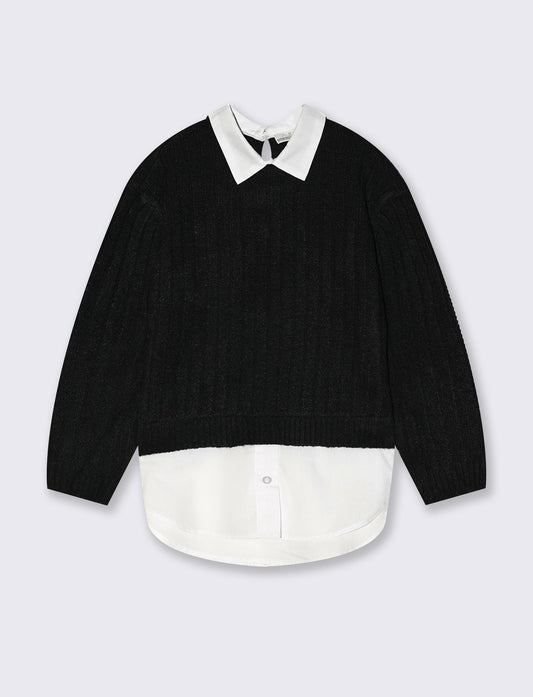 Maglia manica lunga con finta camicia - Nero