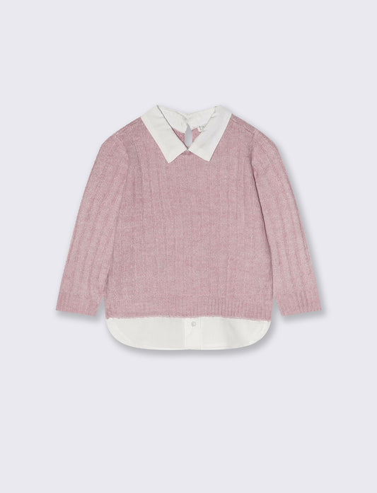 Maglia manica lunga con finta camicia - Rosa polvere