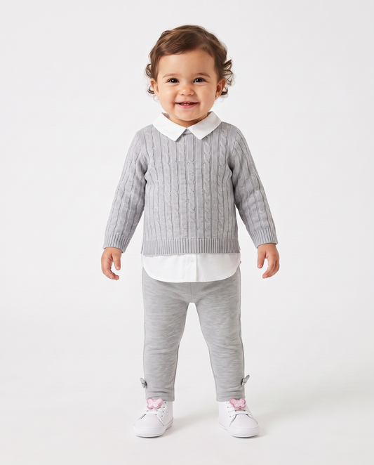 Maglia manica lunga con finta camicia - Grigio mel.
