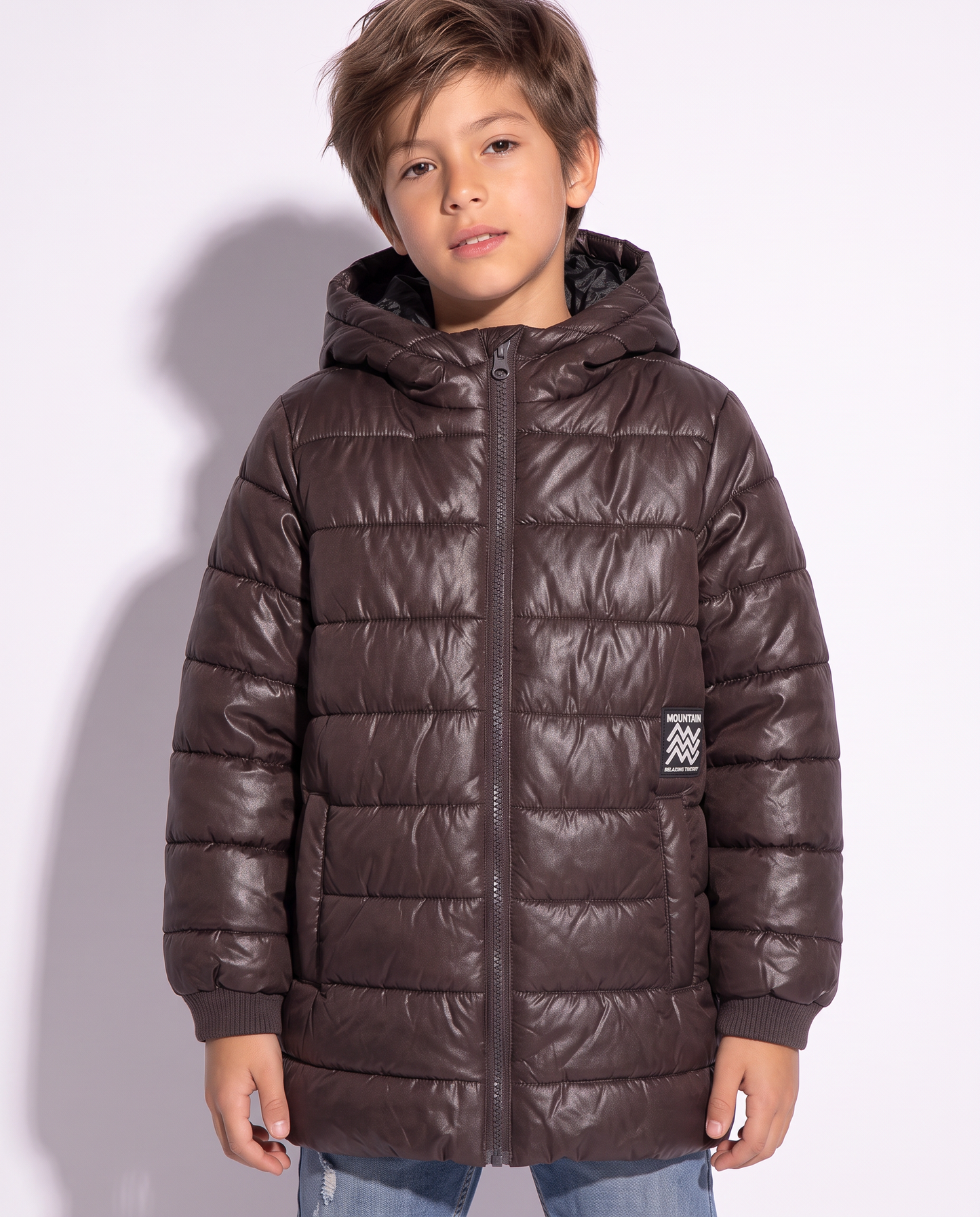 Basic Long Jacket with Printed Lining - Brown