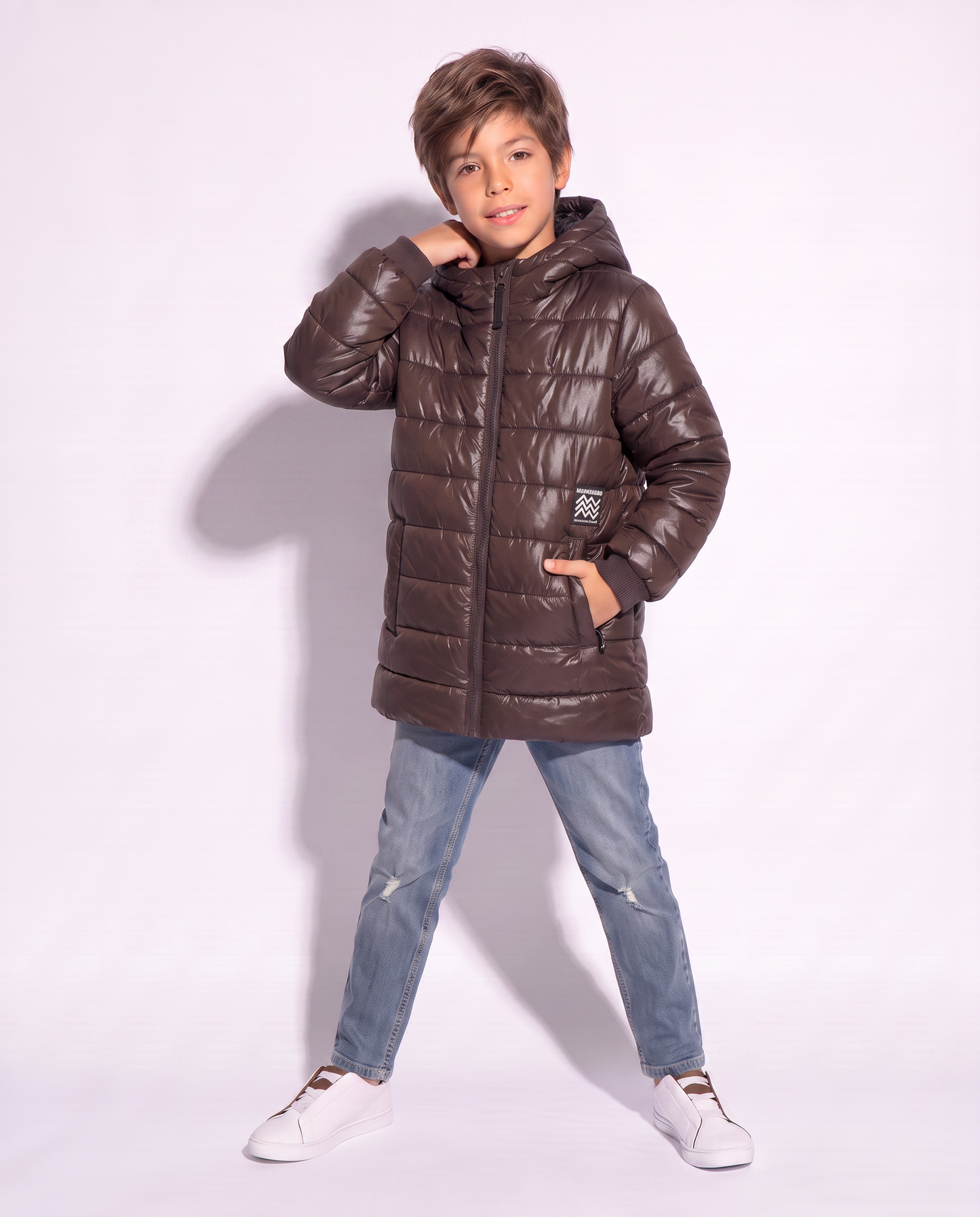 Basic Long Jacket with Printed Lining - Brown