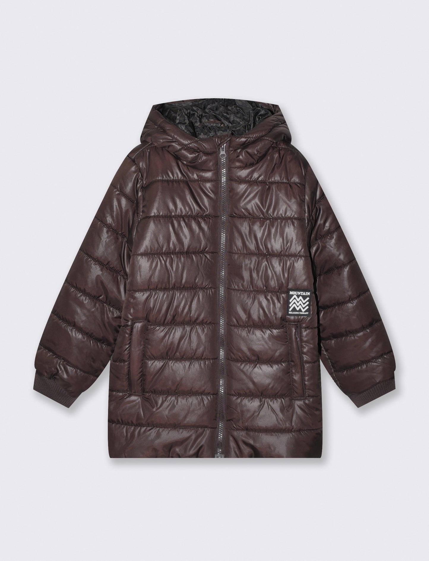 Basic Long Jacket with Printed Lining - Brown