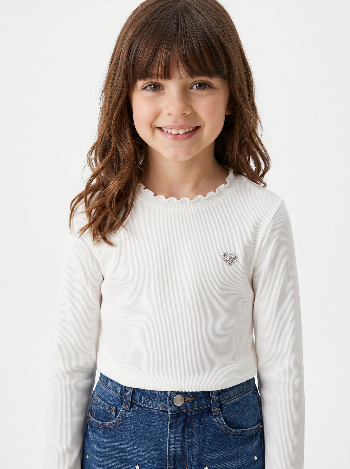 T-shirt manica lunga in cotone rib con fiocco - Bianco latte