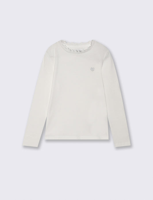 T-shirt manica lunga in cotone rib con fiocco - Bianco latte