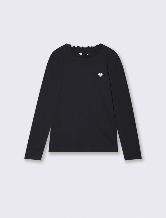 T-shirt manica lunga in cotone rib con fiocco - Nero