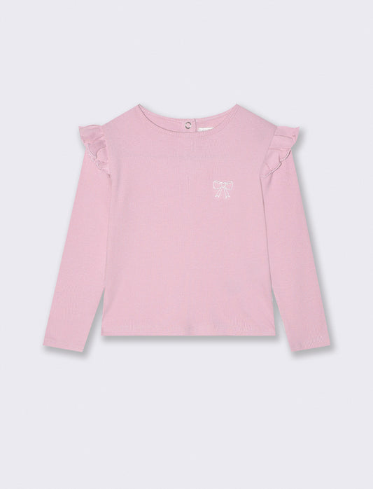 T-shirt in costina con ricamo elegante - Rosa polvere