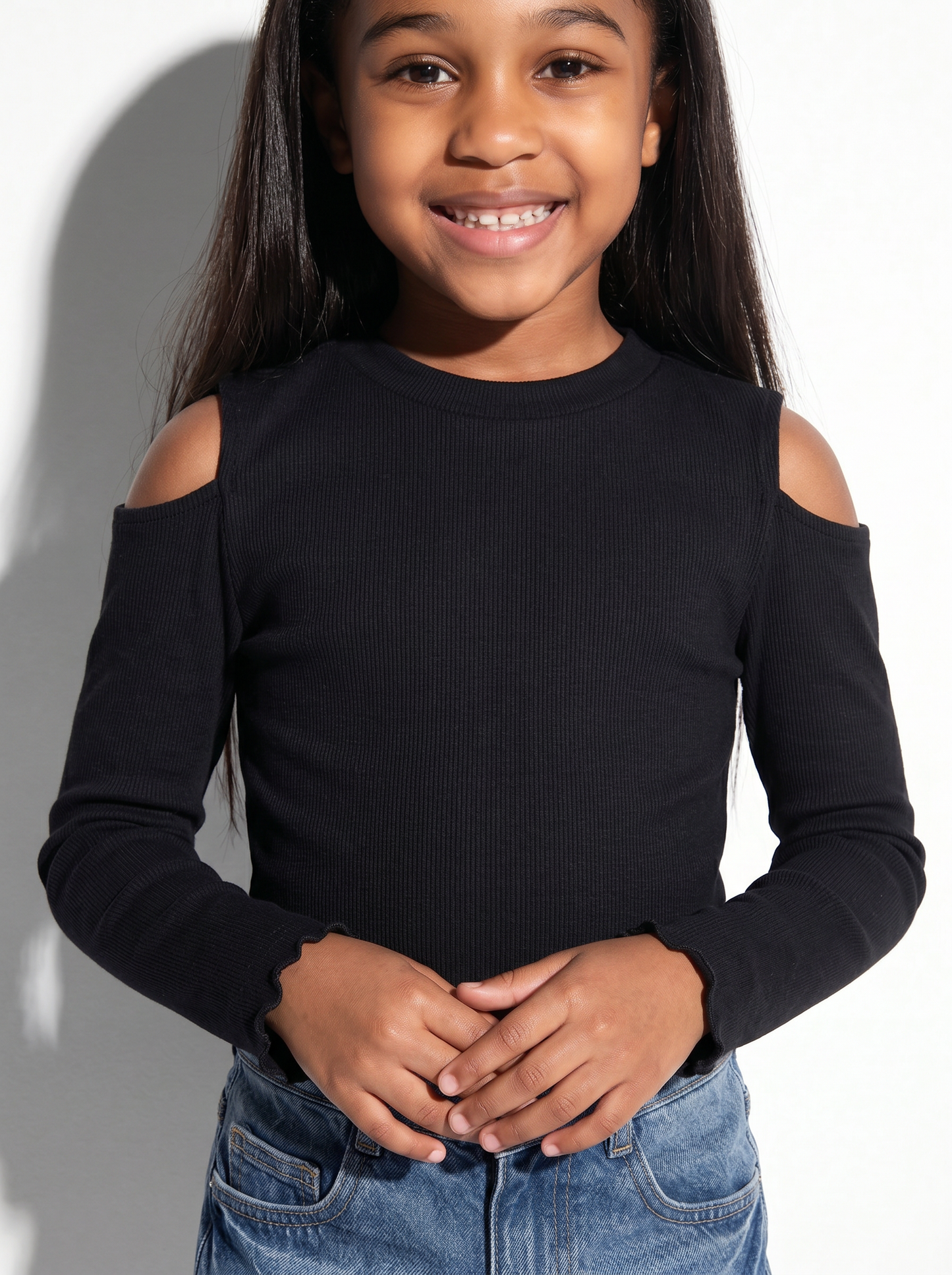 T-shirt manica lunga costina bambina - Nero