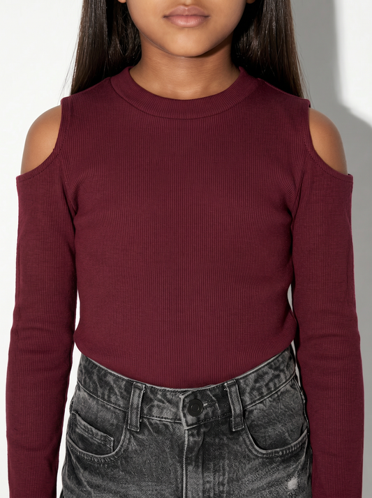 T-shirt manica lunga costina bambina - Bordeaux