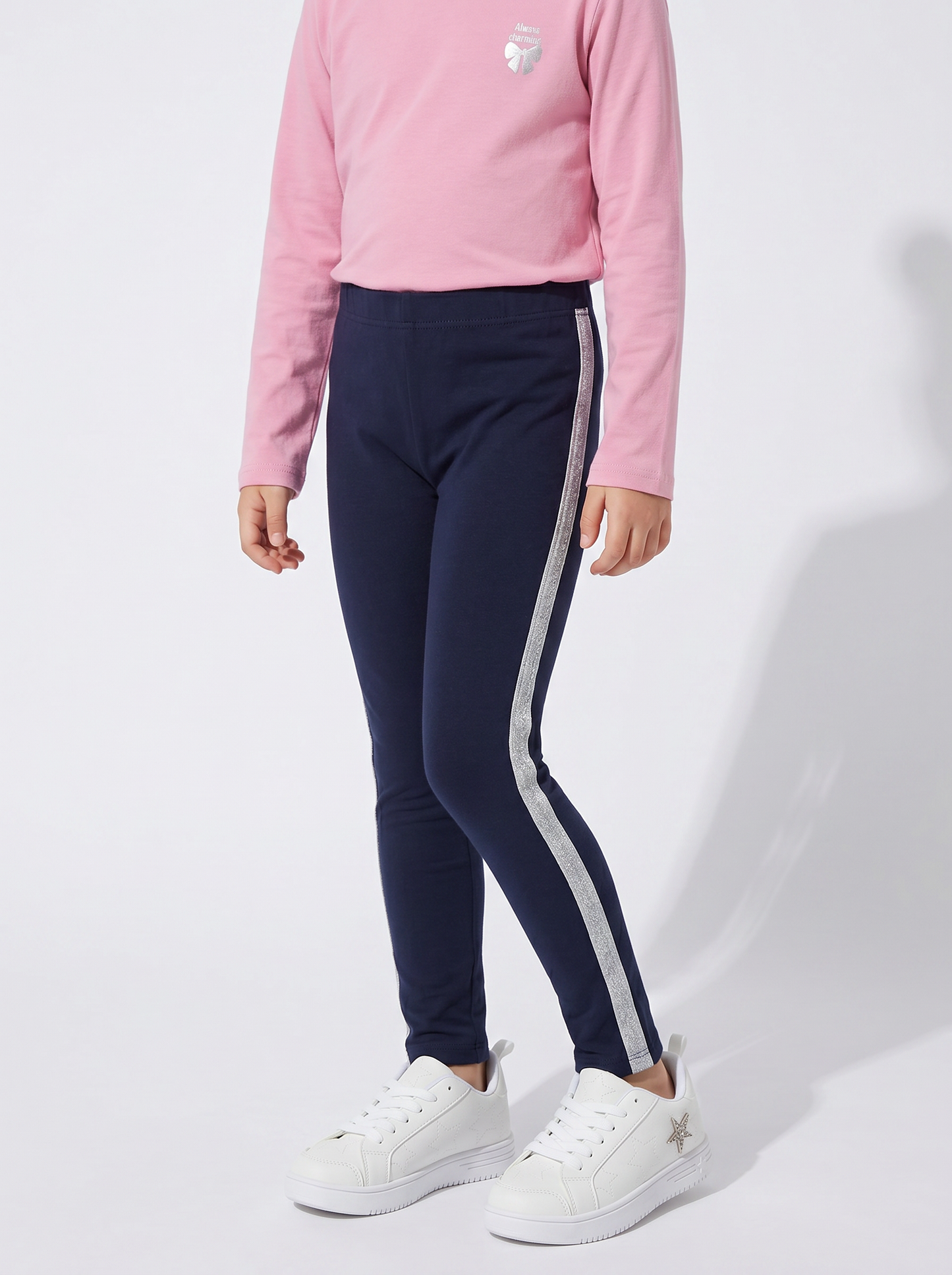 Leggings in cotone con banda lurex laterale - Blu