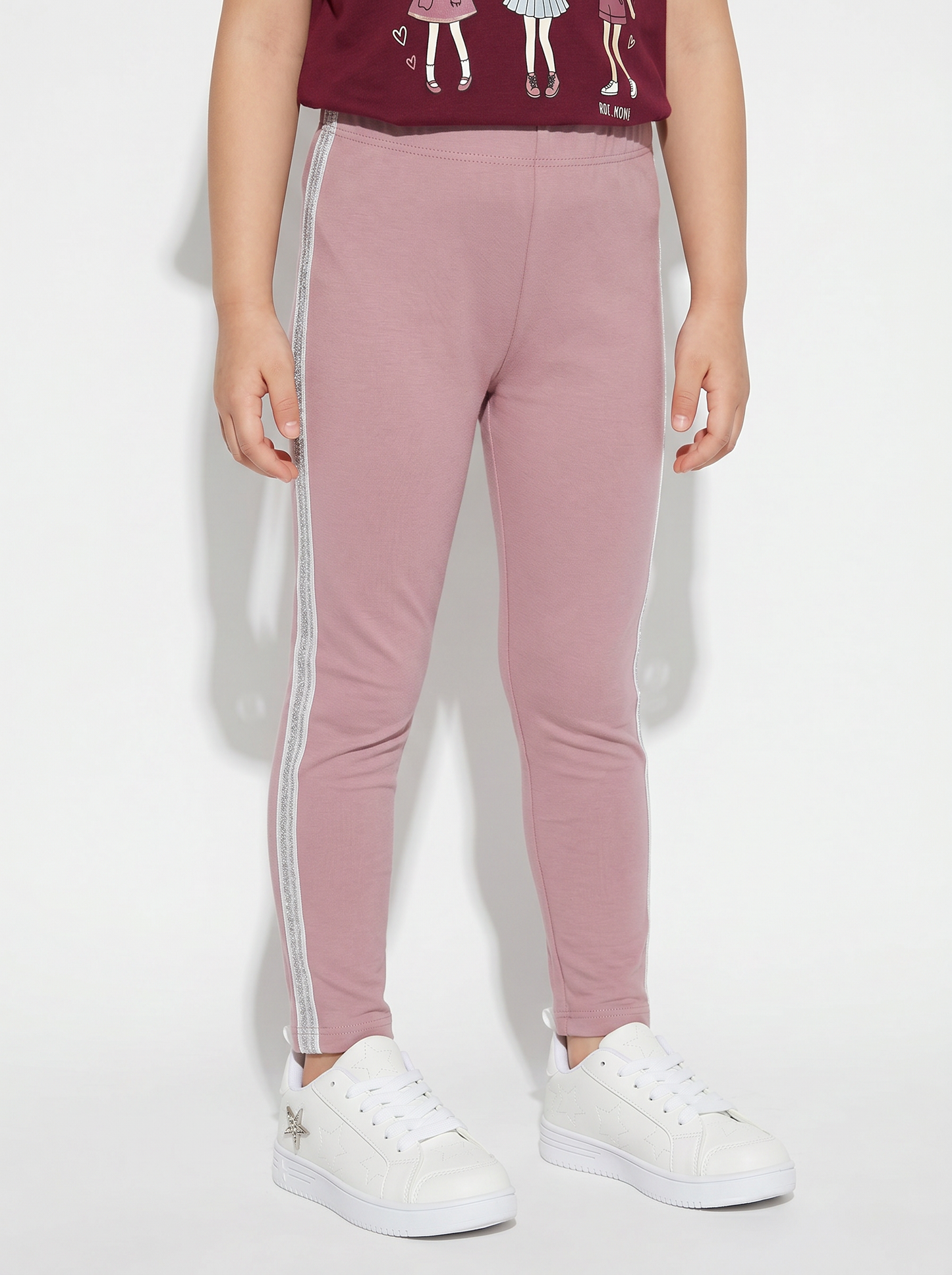 Leggings in cotone con banda lurex laterale - Rosa polvere