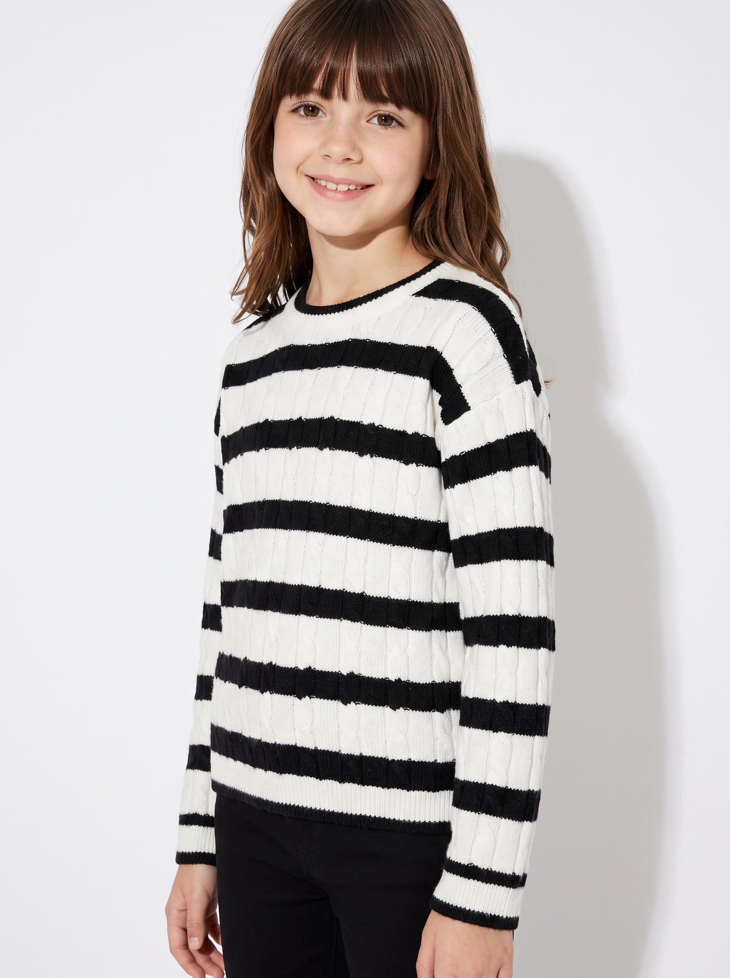 Maglione a righe con trecce verticali - Bianco-nero