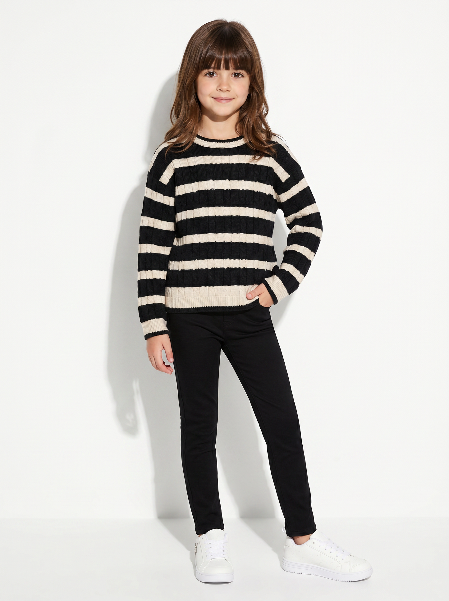 Maglione a righe con trecce verticali - Beige-nero
