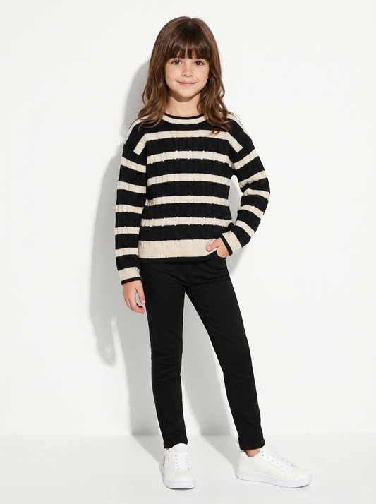 Maglione a righe con trecce verticali - Beige-nero