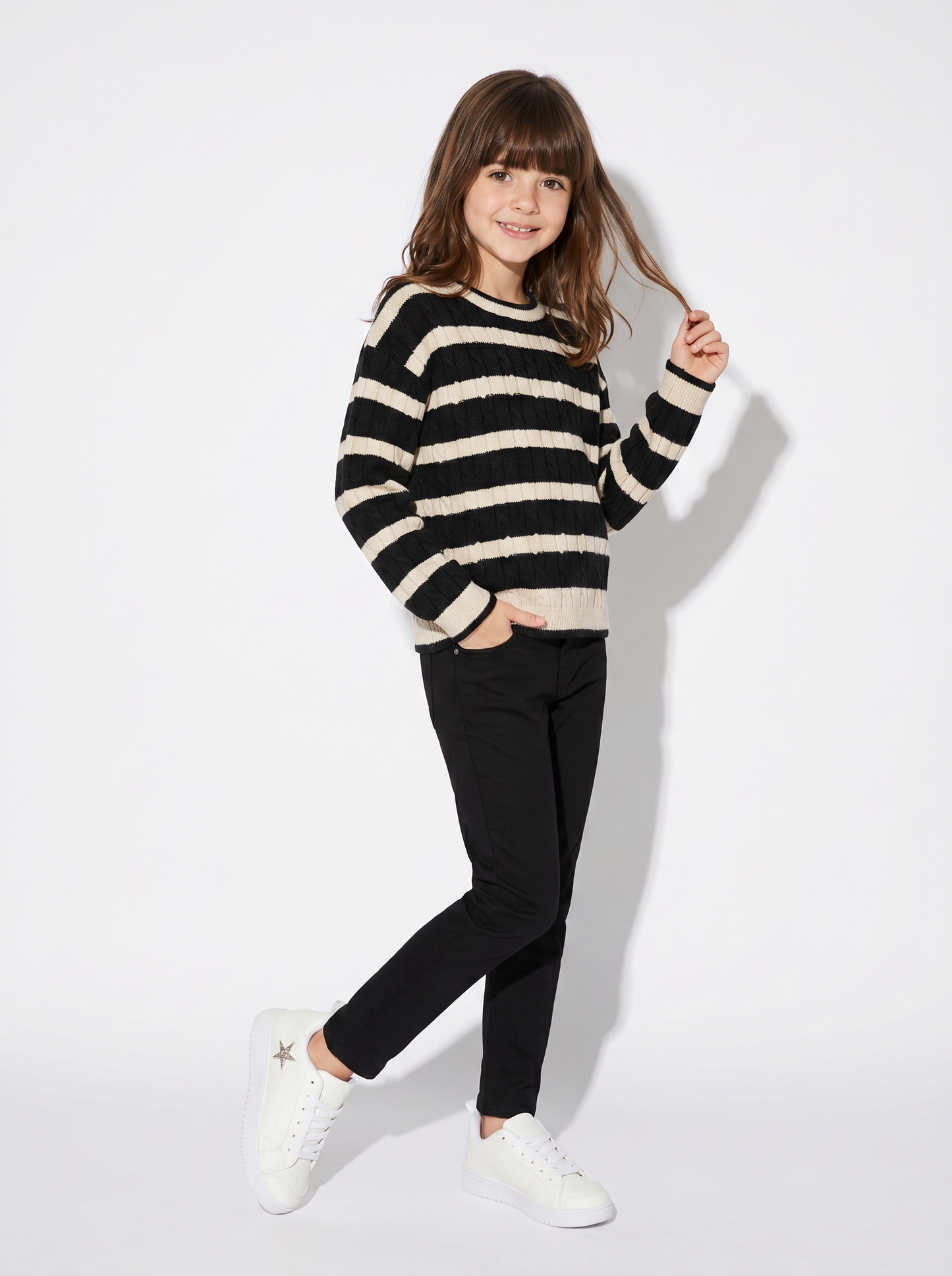 Maglione a righe con trecce verticali - Beige-nero