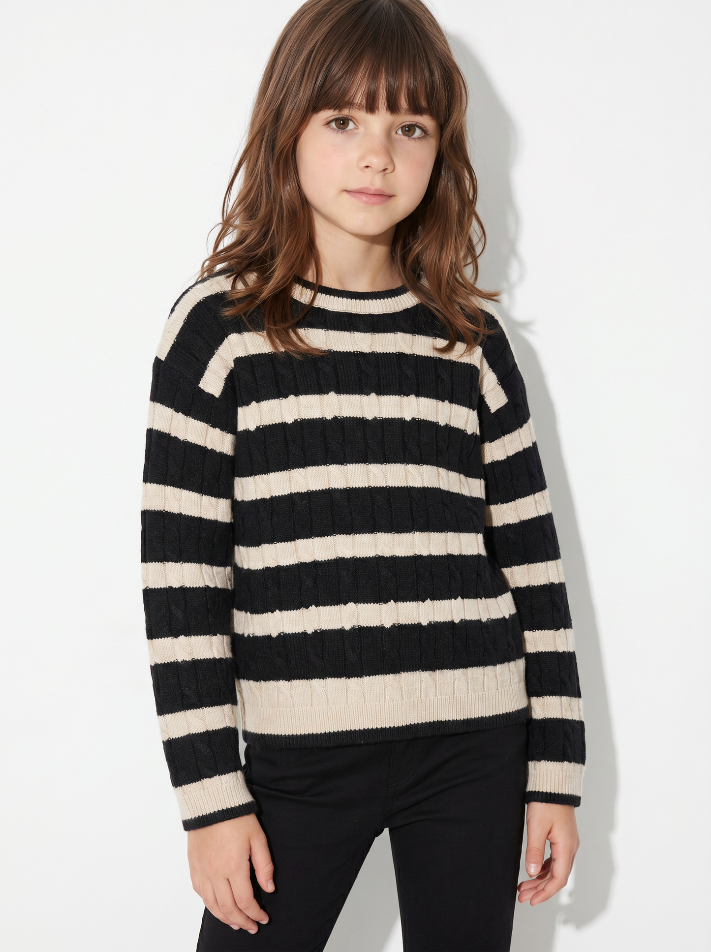 Maglione a righe con trecce verticali - Beige-nero