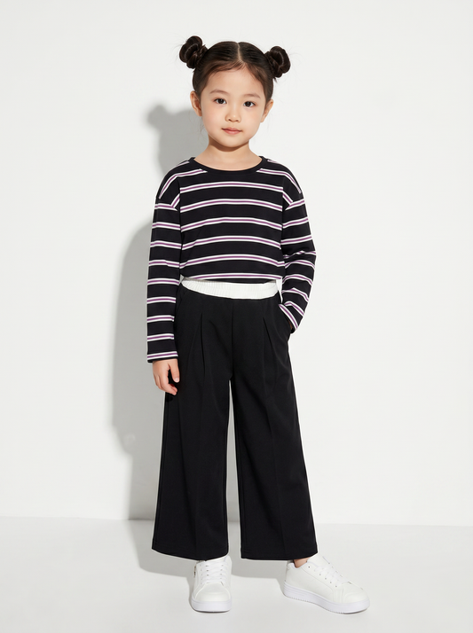 Pantaloni da bambina gamba ampia con laccetto - Nero