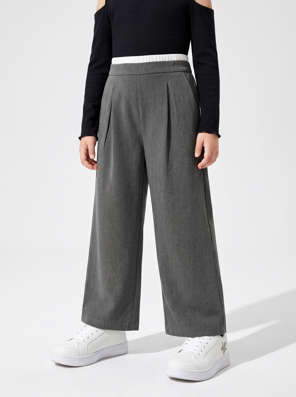 Wide Leg Girls' Trousers with Drawstring - Grey