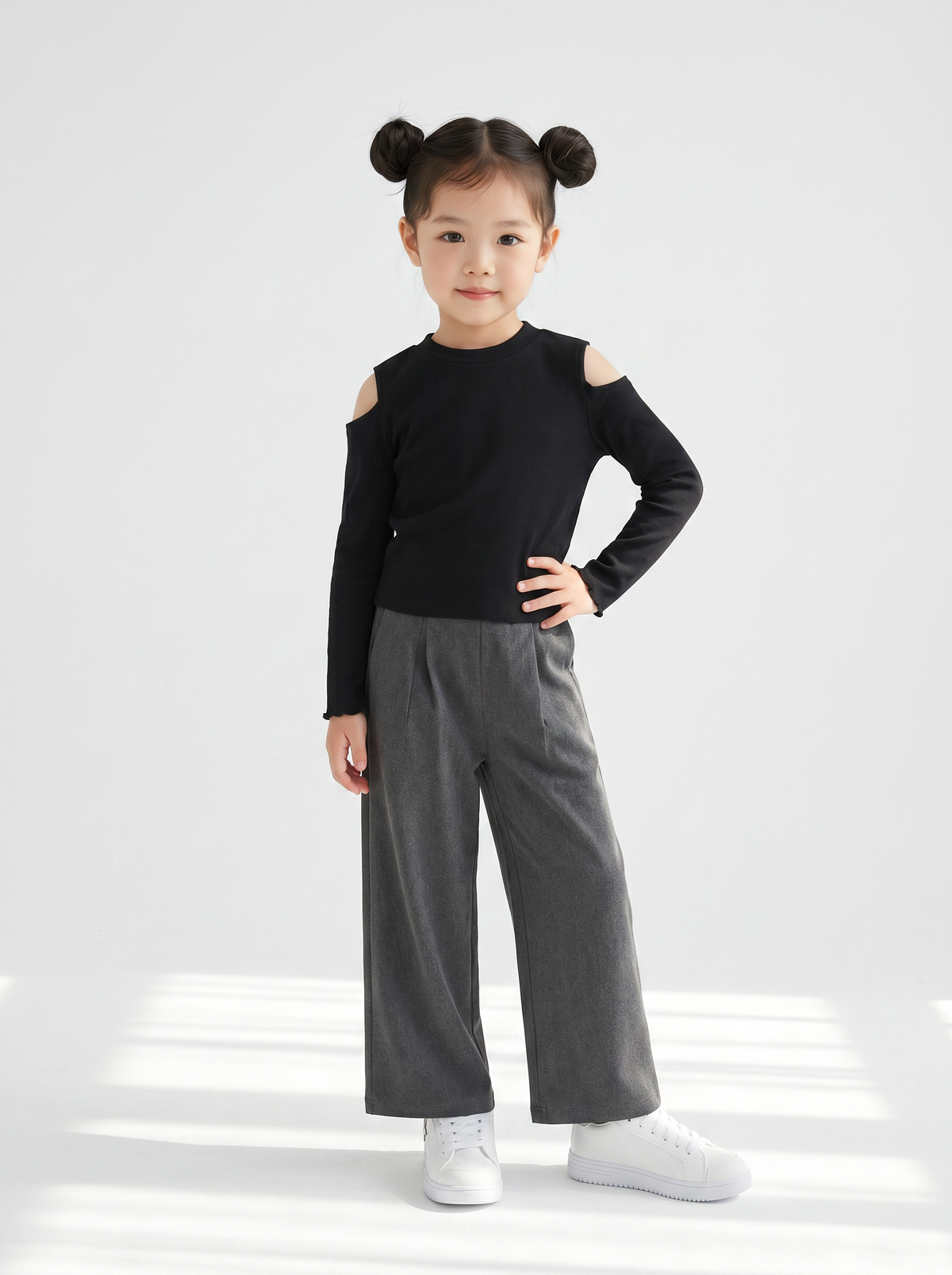 Wide Leg Girls' Trousers with Drawstring - Grey