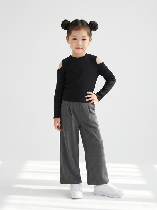Pantaloni da bambina gamba ampia con laccetto - Grigio