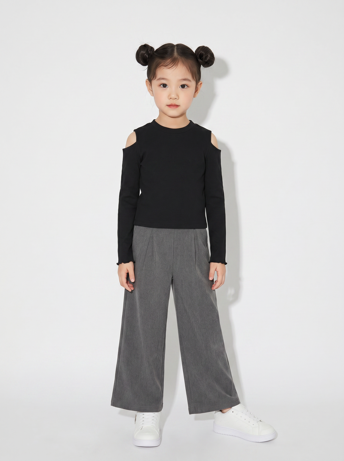 Wide Leg Girls' Trousers with Drawstring - Grey