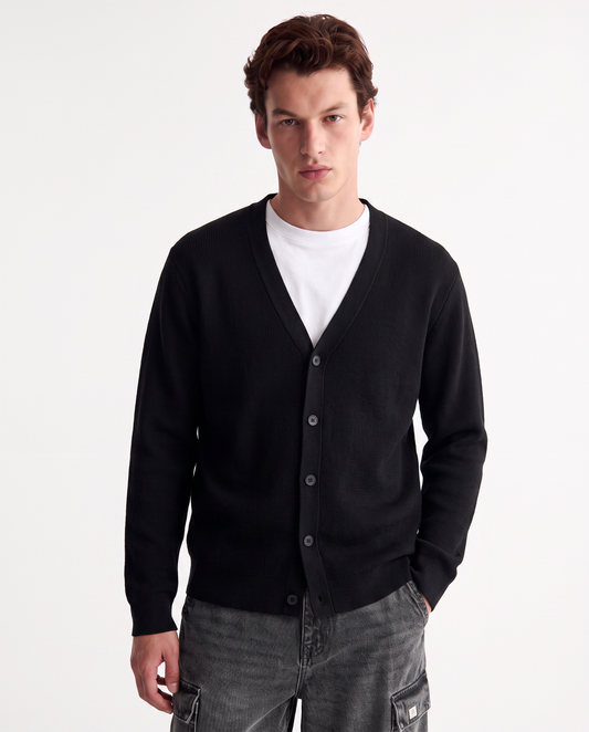 Maglia cardigan in misto viscosa a coste - Nero