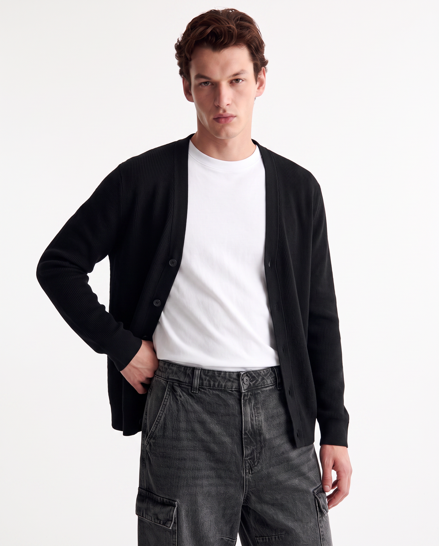 Maglia cardigan in misto viscosa a coste - Nero